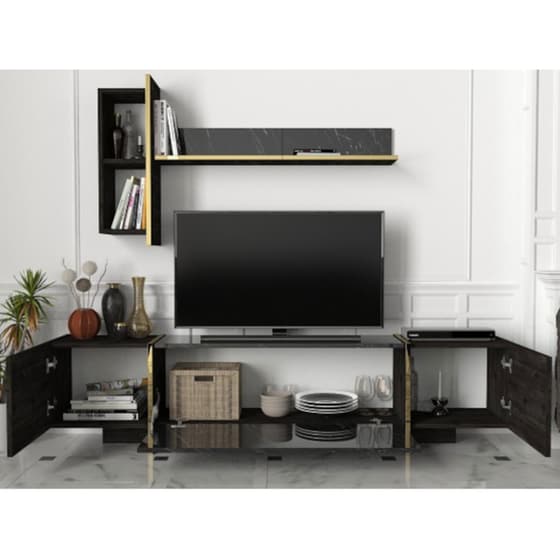 Έπιπλο Τηλεόρασης 24Mall Verona από Μοριοσανίδα 180x32.3x45 cm - Μαύρο/Χρυσό image 2