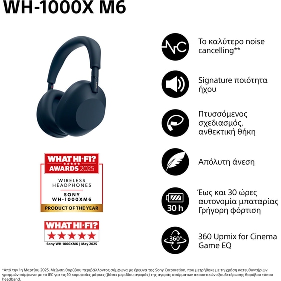 Sony WH-1000XM6 Ασύρματα Ακουστικά Noise Cancelling Headphones - Midnight Blue image 8