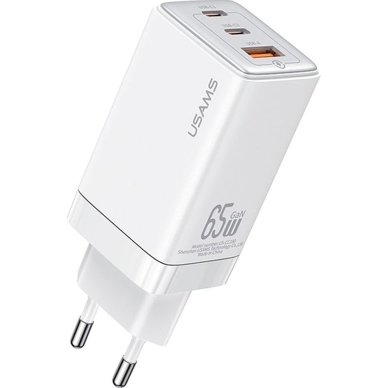 USAMS Usams Φορτιστής Τοίχου Us-cc180, USB και 2x USB-C, 65W PD Gan - Λευκό