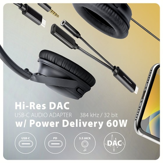 Αντάπτορας Ήχου AXAGON ADA-HCPD USB-C σε 3.5mm Jack Hi-Res DAC 384kHz/32bit με PD 60W 3A image 1
