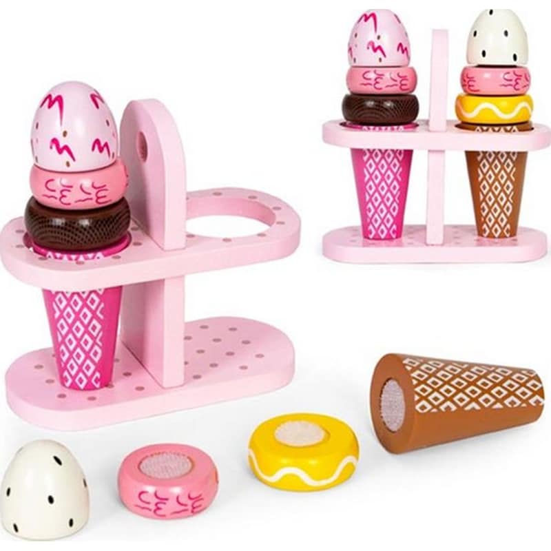 ECOTOYS Ξύλινο Παιχνίδι Ecotoys Παγωτό Velcro Σε Κομμάτια Σε Βάση Στήριξης 9 Τμχ - 6x12x12.5 cm