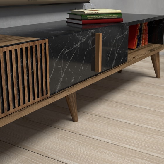 Έπιπλο Τηλεόρασης Pavia από Μοριοσανίδα 180x35x40cm - Καρυδί/Μαύρο image 4