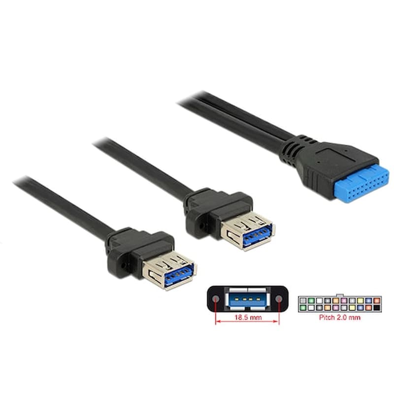 DELOCK Καλώδιο DeLock USB 19 pin Female σε 2x USB-A Female - 0.8m