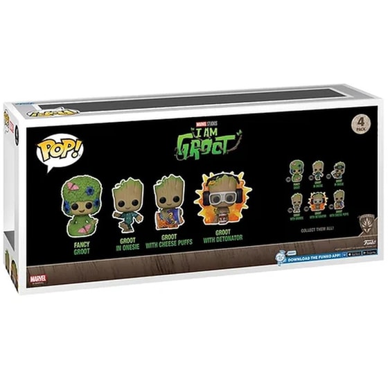 Funko Pop! Marvel - I Am Groot - Fancy Groot, Groot In Onesie, Groot With Cheese Puffs, Groot With Detonator 4-Pack image 2