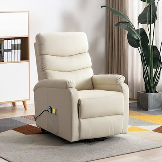 Vidaxl Πολυθρόνα Μασάζ Ανακλινόμενη Με Ανύψωση Λευκό Κρεμ Συνθ. Δέρμα image 0