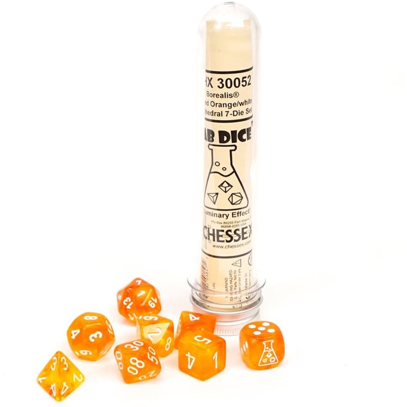 Borealis Luminary Blood Orange/White Polyhedral 7-die Set CHESSEX
