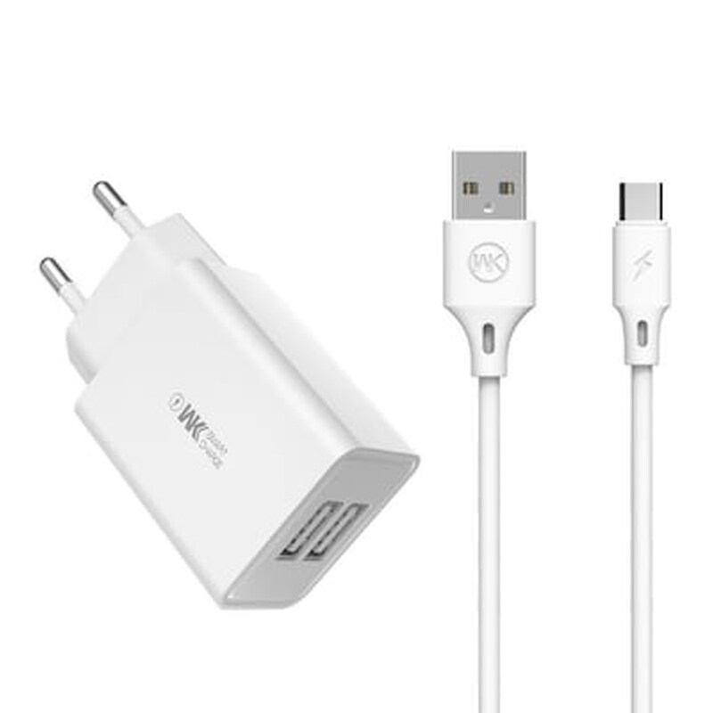 WK Σετ Φόρτισης Wk Wp-u56 Combo 2x Usb 2A with cable Usb-C 1m - White