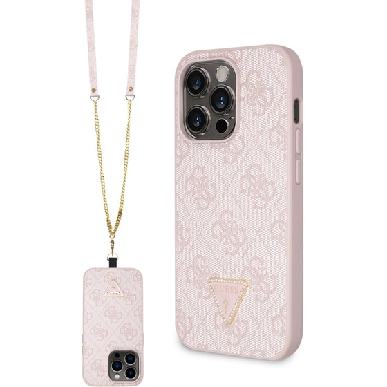 Θήκη Apple iPhone 14 Pro - Guess Triangle Metal Logo Strass Collection Crossbody Case - Ροζ image 0