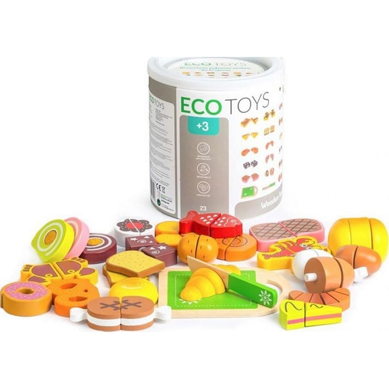 Σετ Ecotoys Παιδικά Ξύλινα Χρωματιστά Τρόφιμα Για Κοπή Σε Δοχείο Αποθήκευσης – 23 Τμχ