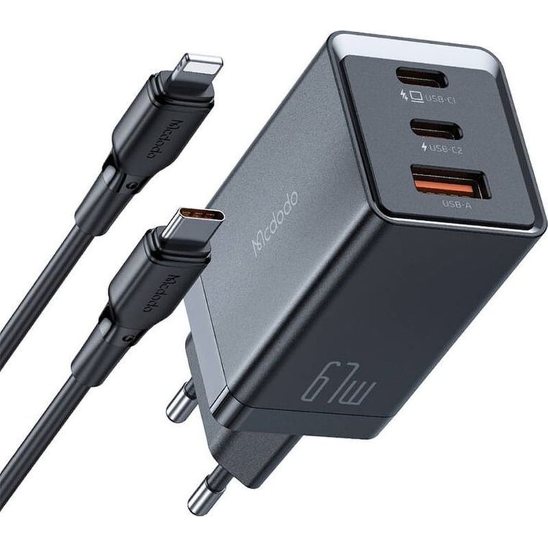 MCDODO Mcdodo Ch-1544 Gan Wall Φορτιστής, 2x USB-C, 1x USB, 67W + USB-C To USB-C Cable - Μαύρο