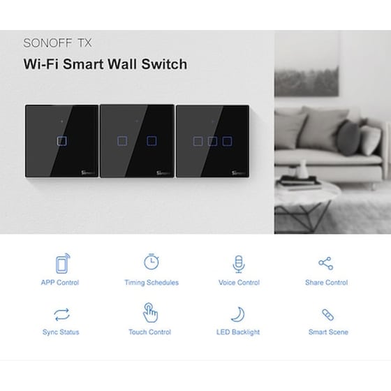 Sonoff Smart Διακόπτης Τχ-t3eu2c, Αφής, Wi-fi, Διπλός, Μαύρος image 1