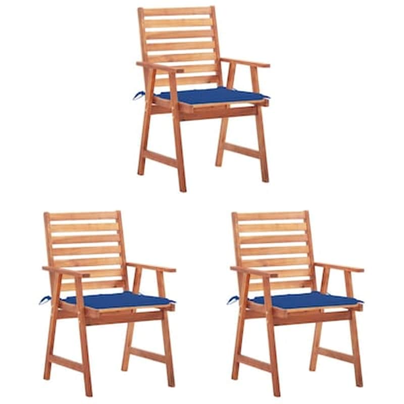 Καρέκλες Τραπεζαρίας Εξωτερικού Χώρου Vidaxl από Μασίφ Ξύλο Ακακίας με Μαξιλάρια 3 Τεμ. 56x62x92cm - Καφέ/Μπλε