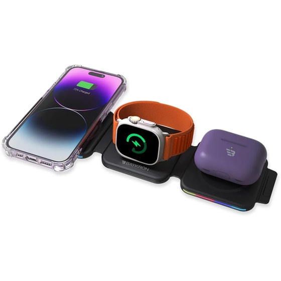 Ασύρματος Φορτιστής Baykron Premium Trio Folding Charger 3 in 1 Qi MagSafe - Black image 2
