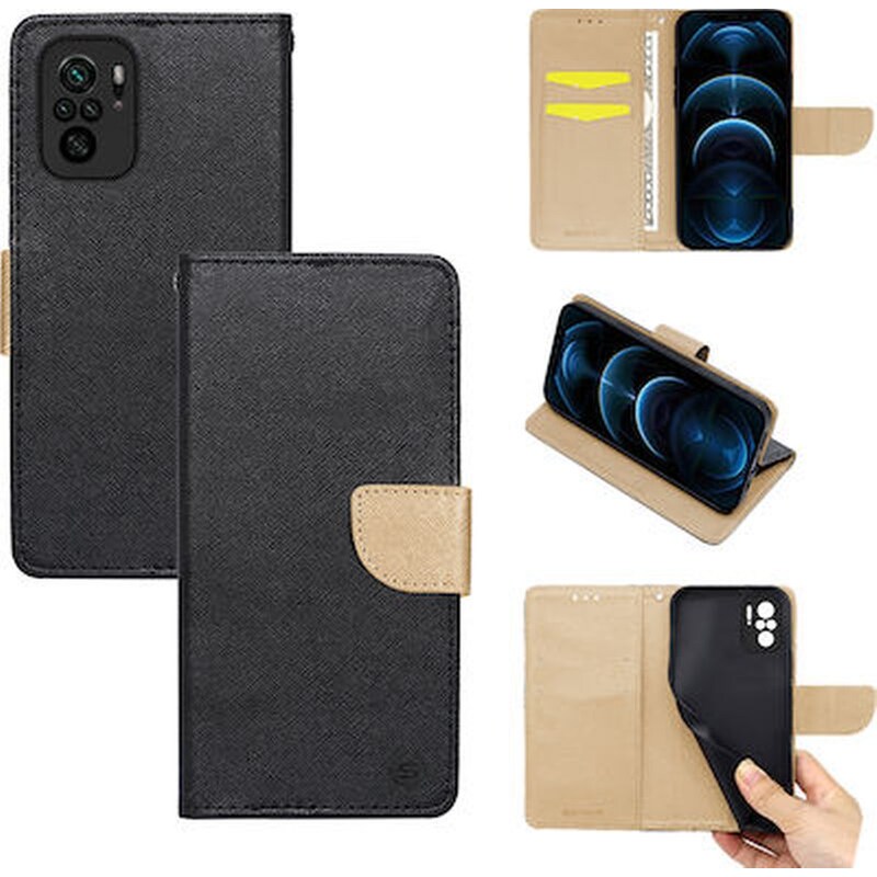 Θήκη Xiaomi Poco M5s/Redmi Note 10/Redmi Note 10s - Sonique Trend Book - Μαύρο/ Χρυσό