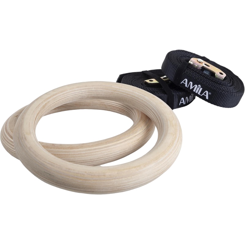 AMILA Κρίκοι Γυμναστικής Amila 84762 Ξύλινοι 23.5x3.2 cm - Μπεζ/ Μαύρο
