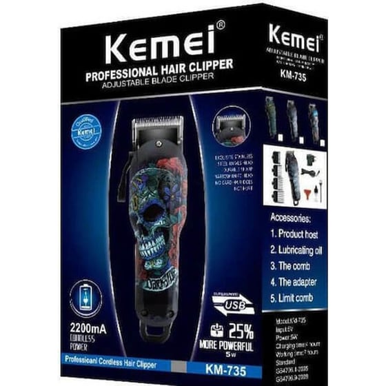 Επαγγελματική Επαναφορτιζόμενη Κουρευτική Μηχανή KEMEI  KM-735  Μαύρη image 3