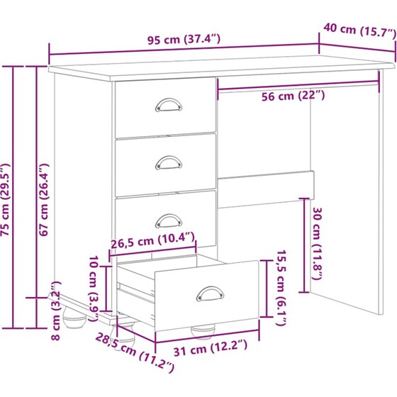 Γραφείο Γραφής VidaXL Askim από Μασίφ Ξύλο Πεύκου 95x40x75 cm - Καφέ image 10
