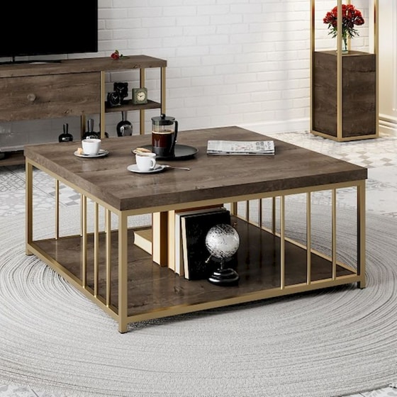 Τραπεζάκι Σαλονιού 24Mall Zeta από Μοριοσανίδα 90x90x40 cm - Καφέ/Χρυσό image 1