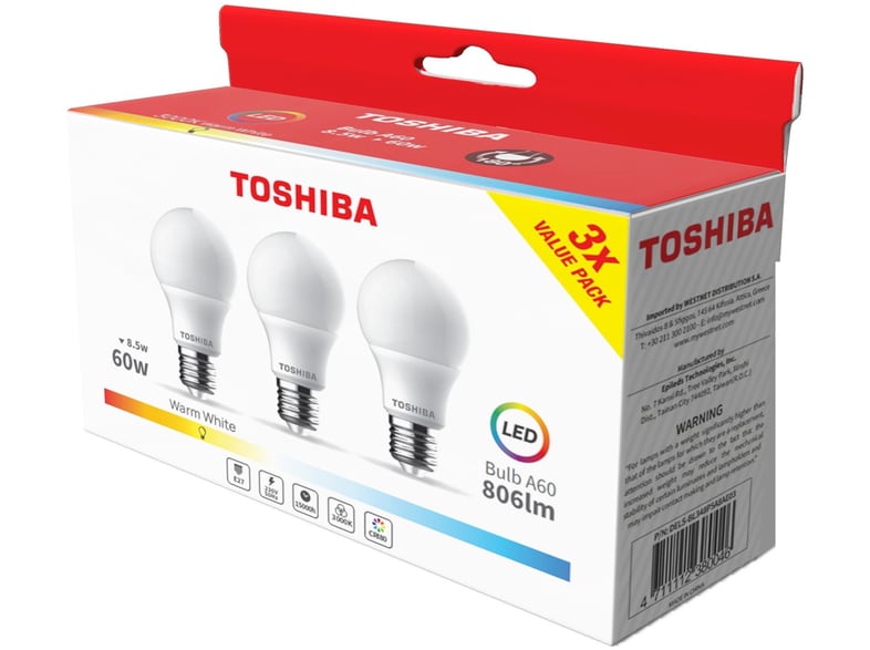 TOSHIBA Λάμπες Toshiba LED A60 E27 8.5W 3 τμχ 3000K - Θερμό Λευκό