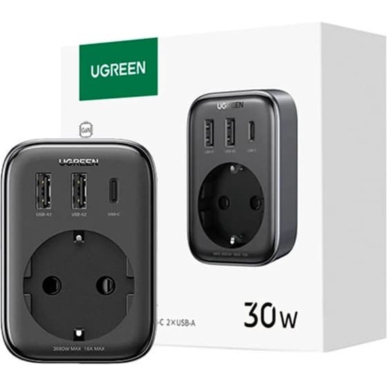 Φορτιστής Ugreen 30W 2x USB 3 1xC + SOCK - Black image 0