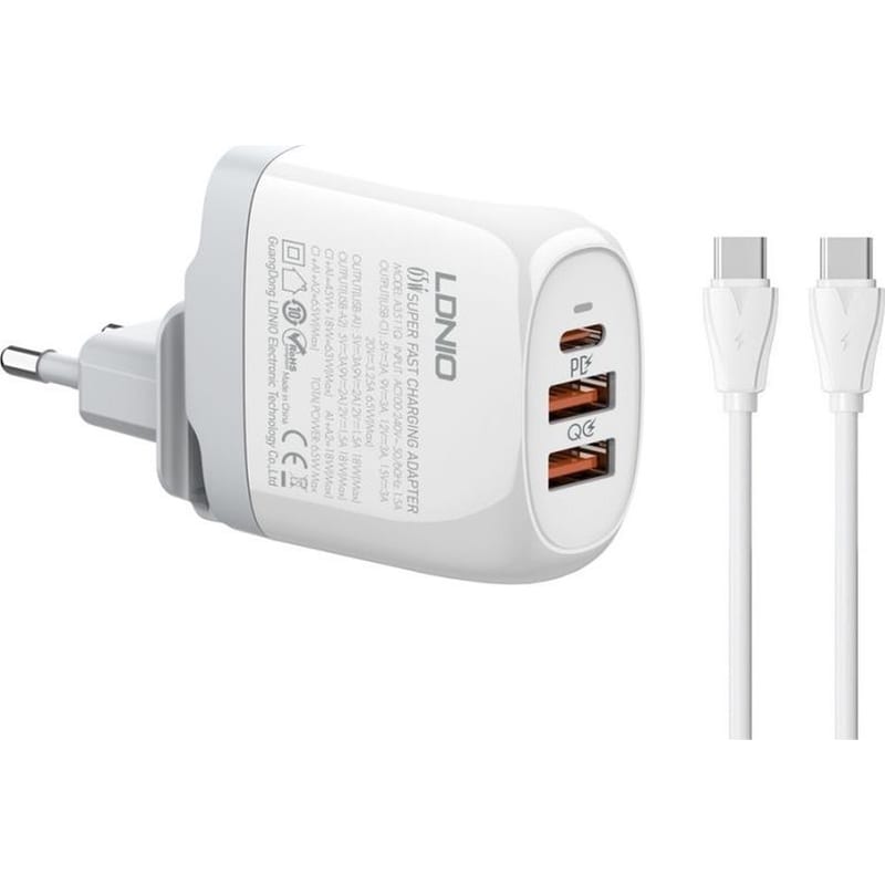 LDNIO Ldnio Φορτιστής Τοίχου Με Καλώδιο USB-C/2x USB 65W Gan - Λευκό