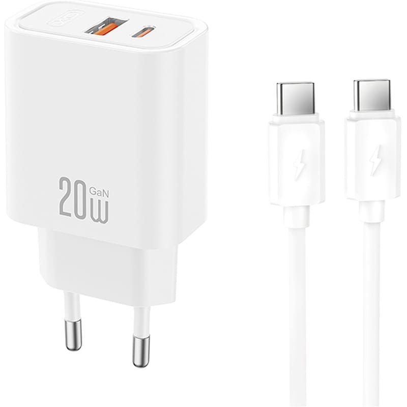 Φορτιστής Πρίζας XO CE40 USB-A USB-C με Καλώδιο USB-C 20W Quick Charge 4.0 - Λευκό