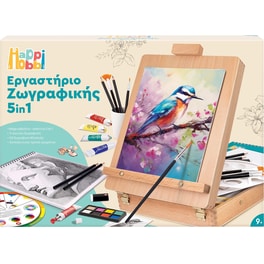 HappiHobbi Εργαστήριο Ζωγραφικής 5 σε 1 με Ξύλινο Βαλιτσάκι-Καβαλέτο