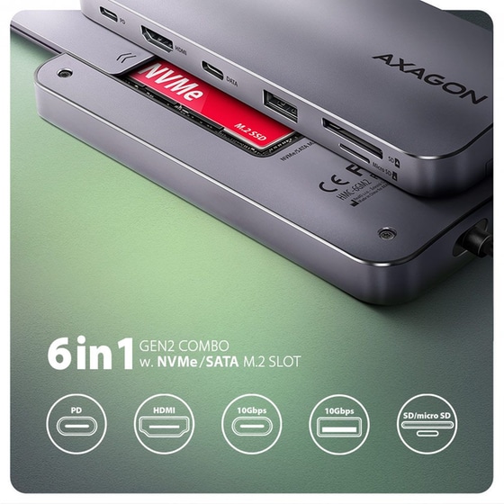 USB Hub Axagon HMC-6GM2 USB-C με  6 θύρες - Γκρι image 1