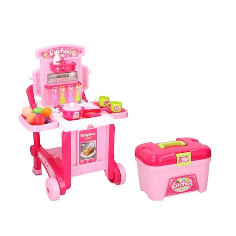 Eddy Toys Παιδική Κουζίνα Καρότσι Με Βαλιτσάκι 3 Σε 1 Σε Ροζ Χρώμα, 41×46.5×58.5 Cm