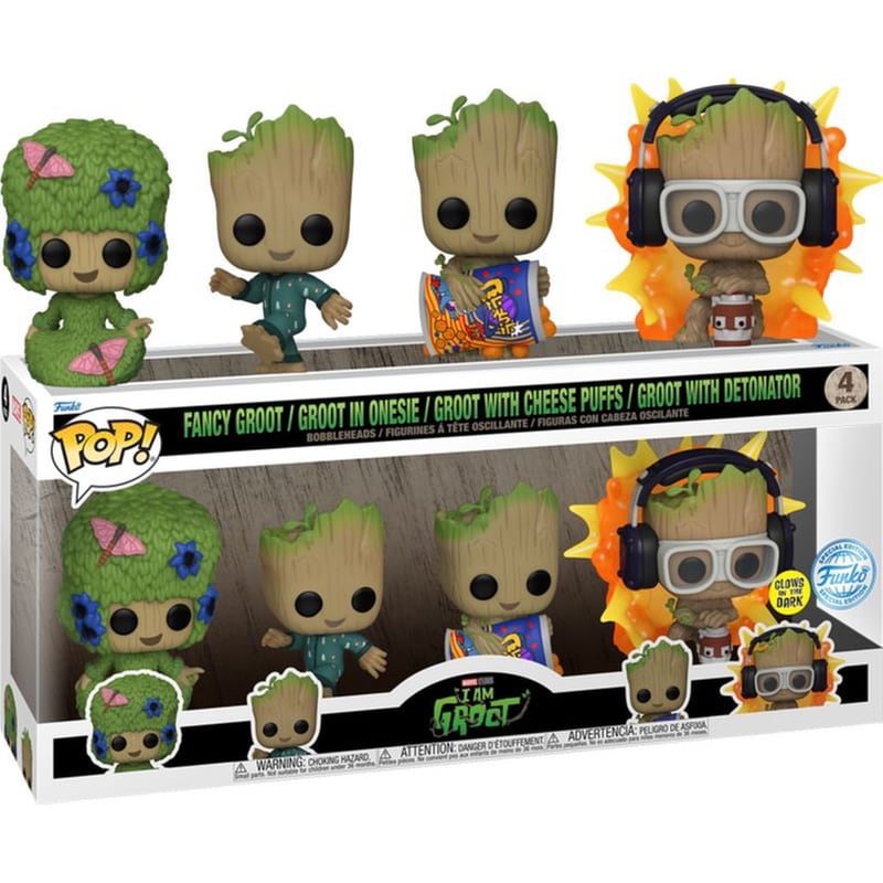 FUNKO Φιγούρες Funko Pop! Marvel: I Am Groot - Fancy Groot, Groot In Onesie, Groot With Cheese Puffs, Groot With Detonator (gitd) 4-pack (exclusive)