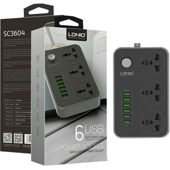 Ldnio SC3604 3 Θέσεων με USB 2m - Μαύρο image 1