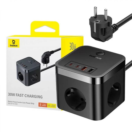 Πολύμπριζο Baseus PowerCombo Cube 3x AC/2x USB/2x USB-C/ Καλώδιο 30W 1.5m - Μαύρο image 3