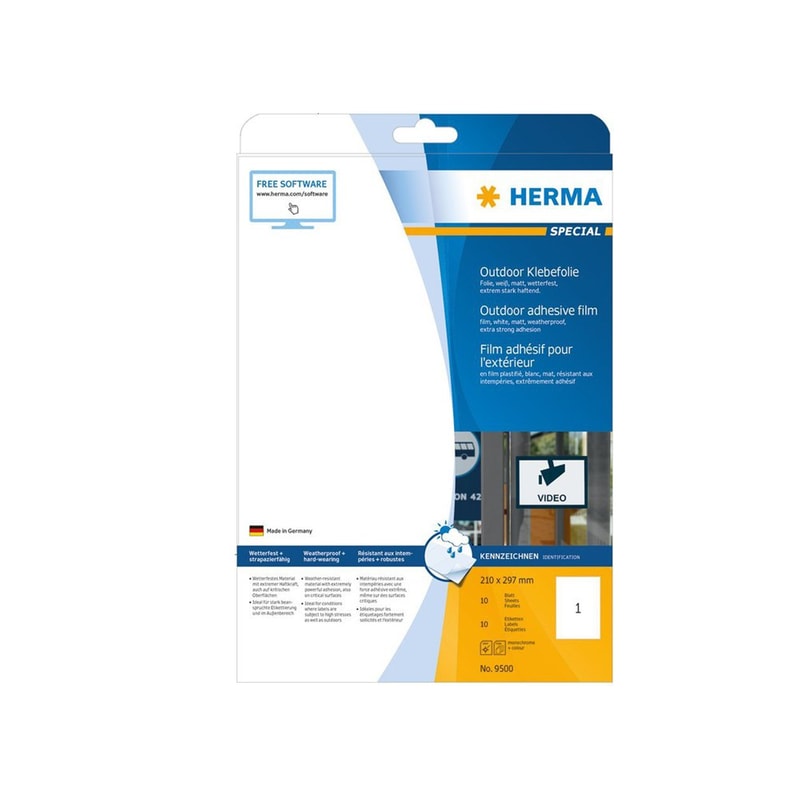 HERMA 9500 - Αυτοκόλλητες ετικέτες εκτύπωσης εξωτ. χώρου 210 x 297 mm - Λευκό - 10 ετικέτες