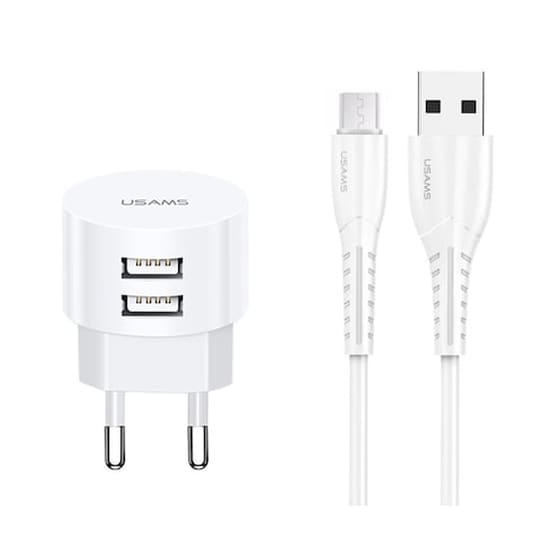 Σετ Φόρτισης Usams T20 2x Usb with cable Micro Usb 2.1A 1m - White image 0
