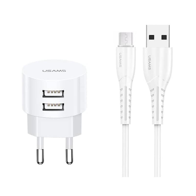 USAMS Σετ Φόρτισης Usams T20 2x Usb with cable Micro Usb 2.1A 1m - White