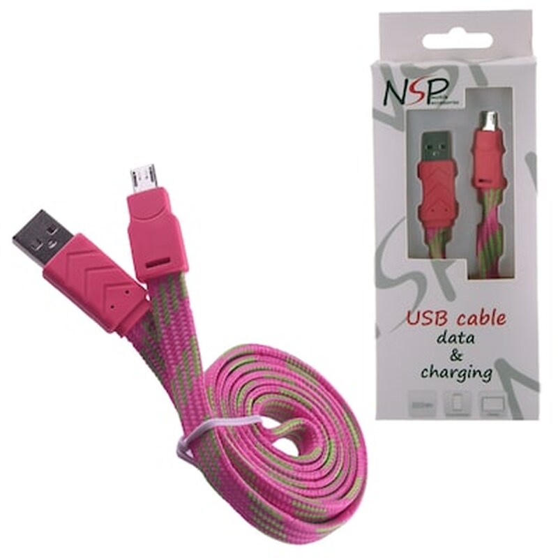 Καλώδιο δεδομένων Nsp Flat Braided Micro-Usb 2.1A 1m - Pink