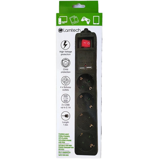 Πολύπριζο Ασφαλείας Lamtech LAM111931 4 θέσεων & 2x Usb 1.5m - Μαύρο image 1