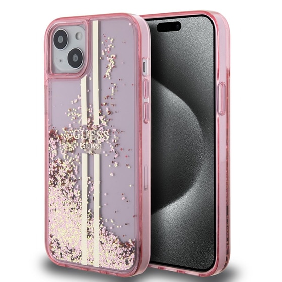 Θήκη Apple iPhone 15 Plus - Guess Liquid Glitter Gold Stripes - Ροζ image 3