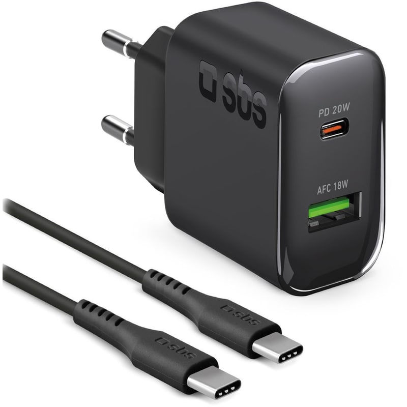 Σετ Φόρτισης SBS Wall Charger Kit 1x USB-C / 1x USB-A 20W με καλώδιο USB-C σε USB-C 1.5m - Black