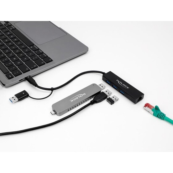 Delock Usb Hub 64149 3x Usb 3.2 Gen 1/gigabit Lan 1000mbps, 5gbps, Μαύρο image 1
