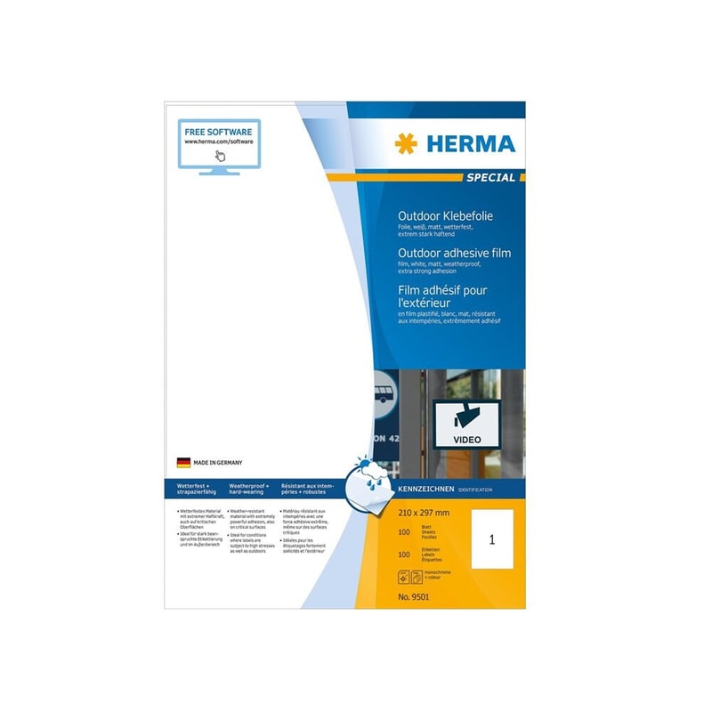 HERMA 9501 - Αυτοκόλλητες ετικέτες εκτύπωσης εξωτ. χώρου 210 x 297 mm - Λευκό - 50 ετικέτες