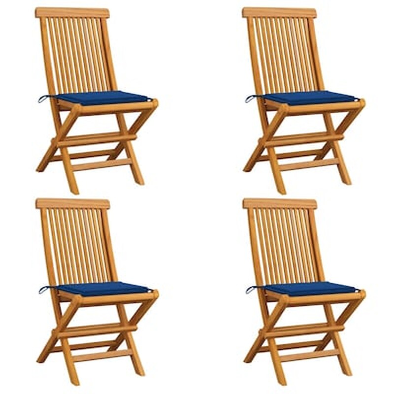 Vidaxl Καρέκλες Κήπου 4 Τεμ. Από Μασίφ Ξύλο Teak Με Μπλε Μαξιλάρια