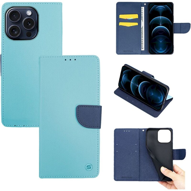 Θήκη Apple iPhone 15 Pro - Sonique Trend Book - Σιέλ/Σκούρο Μπλε