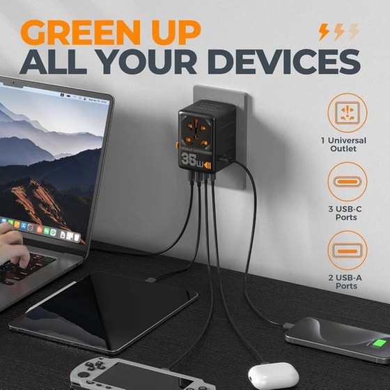 Αντάπτορας ταξιδιού TESSAN TS-WTA-02 με υποδοχές 2x USB-A & 3x USB-C - Μαύρο image 1