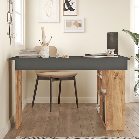 Γραφείο Γωνιακό ArteLibre Cann από Μοριοσανίδα 115x120x72cm - Καφέ Πεύκου/Ανθρακί image 3