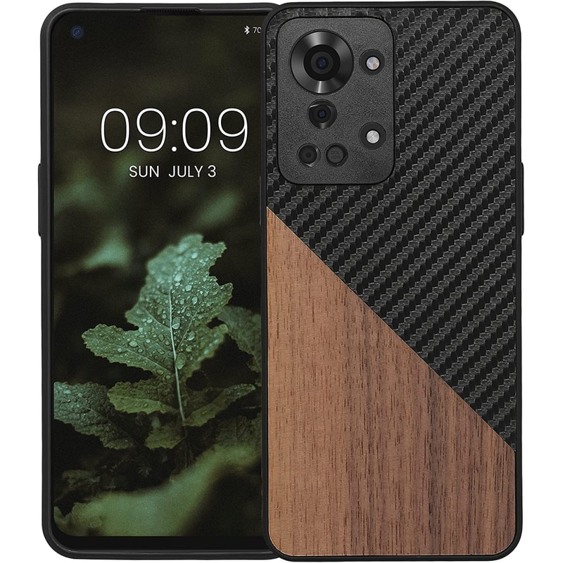 KWMOBILE Θήκη Oneplus Nord 2T - KWmobile Σκληρή Ξύλινη Θήκη με TPU Bumper και Ανθρακονήματα - Dark Brown / Black / Walnut