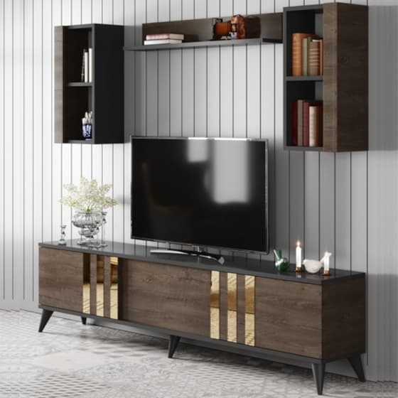 Έπιπλο Τηλεόρασης 24Mall Tricolore από Μοριοσανίδα 180x30x47 cm - Καφέ/Μαύρο/Χρυσό image 2