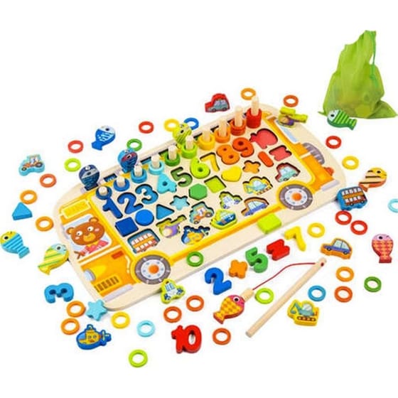 Ξύλινο Εκπαιδευτικό Παιχνίδι 6 σε 1 Παζλ με Μαγνητικά Ψαράκια image 0