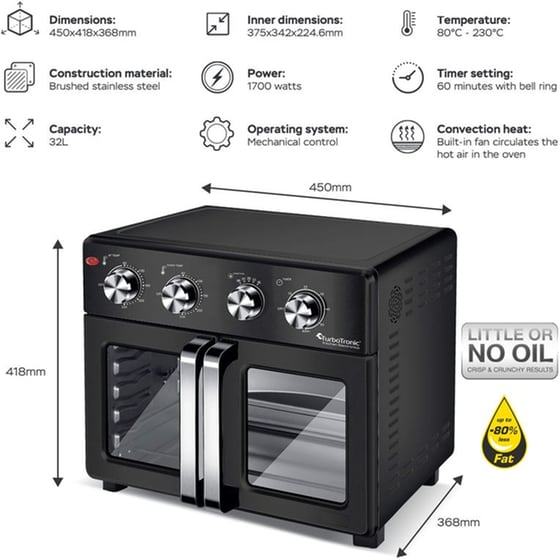 TURBOTRONIC TT-AF32MFD airchef Pro 32 Lt Μαύρο Ηλεκτρικό Φουρνάκι image 8