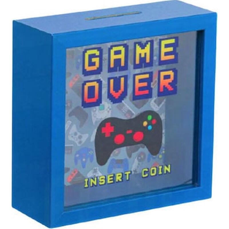 Μπλε Ξύλινος Κουμπαράς Game Over Insert Coin 16χ6χ16 Cm